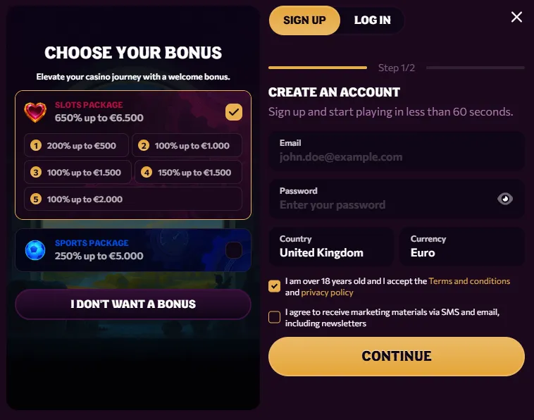 Chanze Casino registratie stap 1